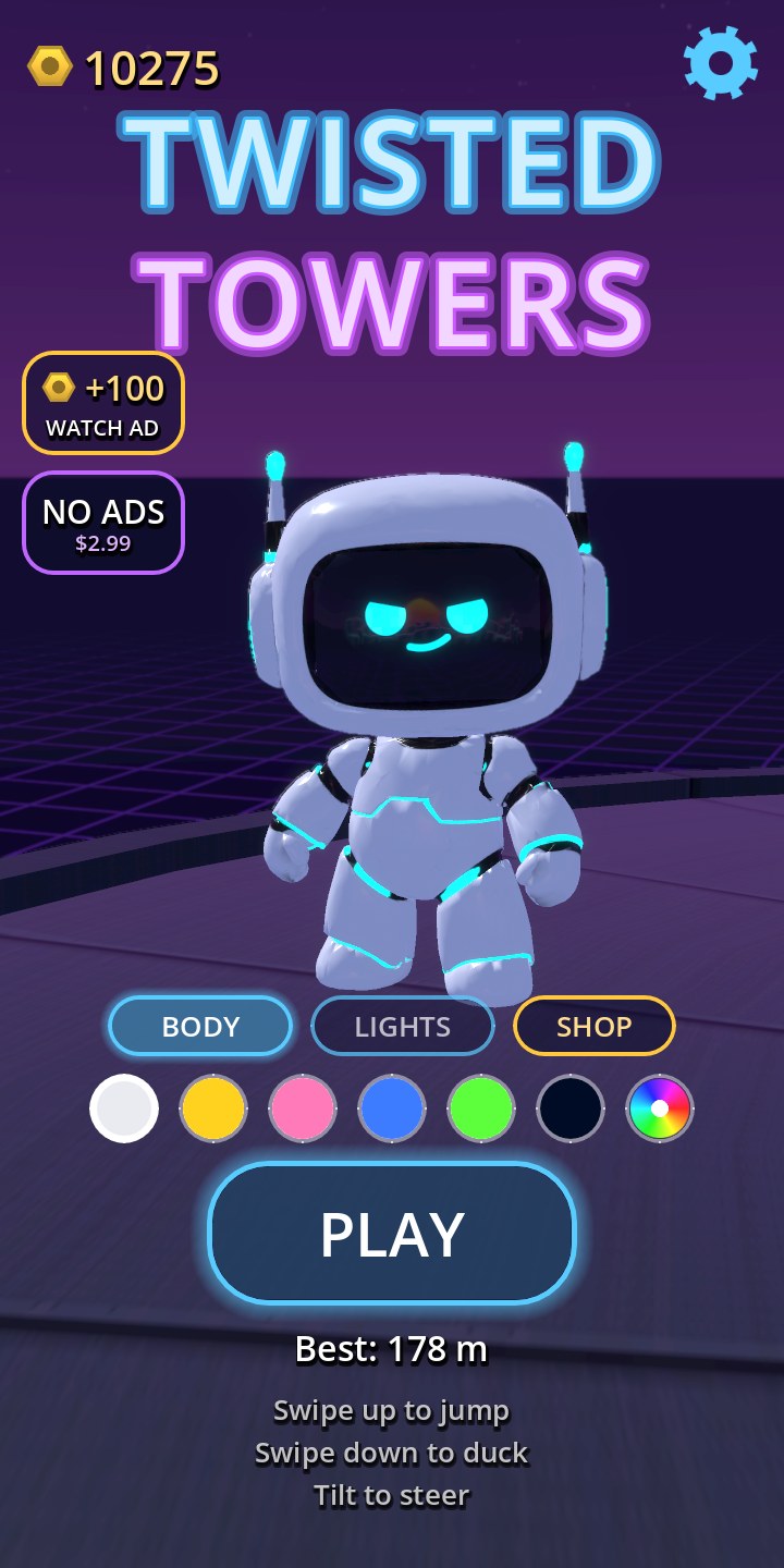 The start screen: Coil the robot with color choices and the Play button